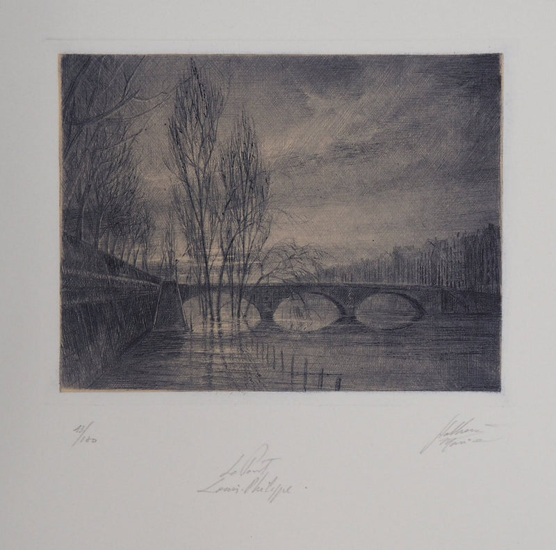 Jean-Michel MATHIEUX-MARIE : Pont Louis-Philippe, Paris - Gravure (détail)