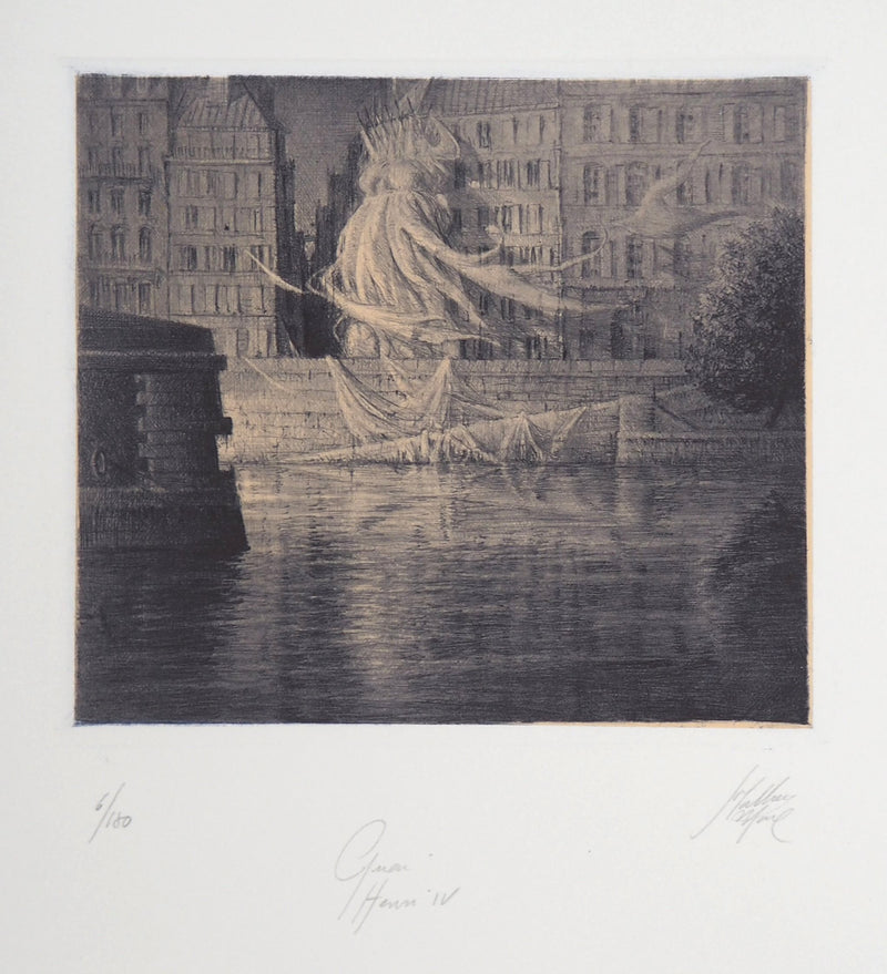 Jean-Michel MATHIEUX-MARIE : Quai Henri IV, Paris - Gravure (détail)