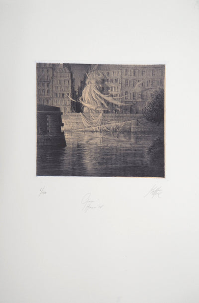 Jean-Michel MATHIEUX-MARIE : Quai Henri IV, Paris - Gravure (détail)