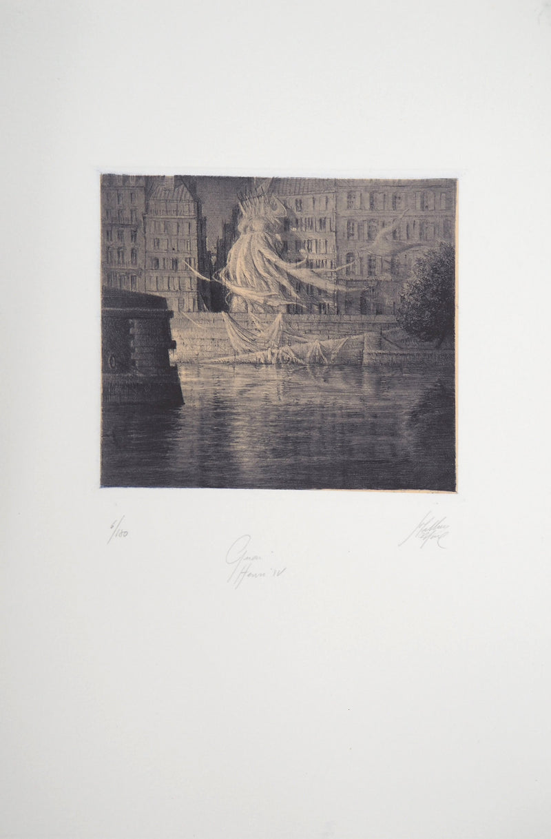 Jean-Michel MATHIEUX-MARIE : Quai Henri IV, Paris - Gravure (détail)