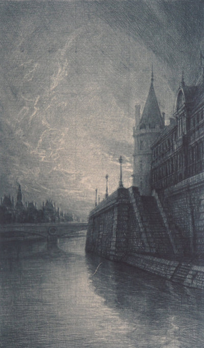 Jean-Michel MATHIEUX-MARIE : Quai de l'horloge, Paris - Gravure (détail)