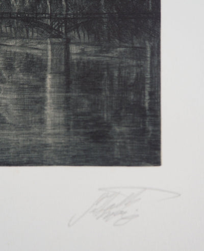 Jean-Michel MATHIEUX-MARIE : Quai du Louvre, Paris - Gravure (détail)