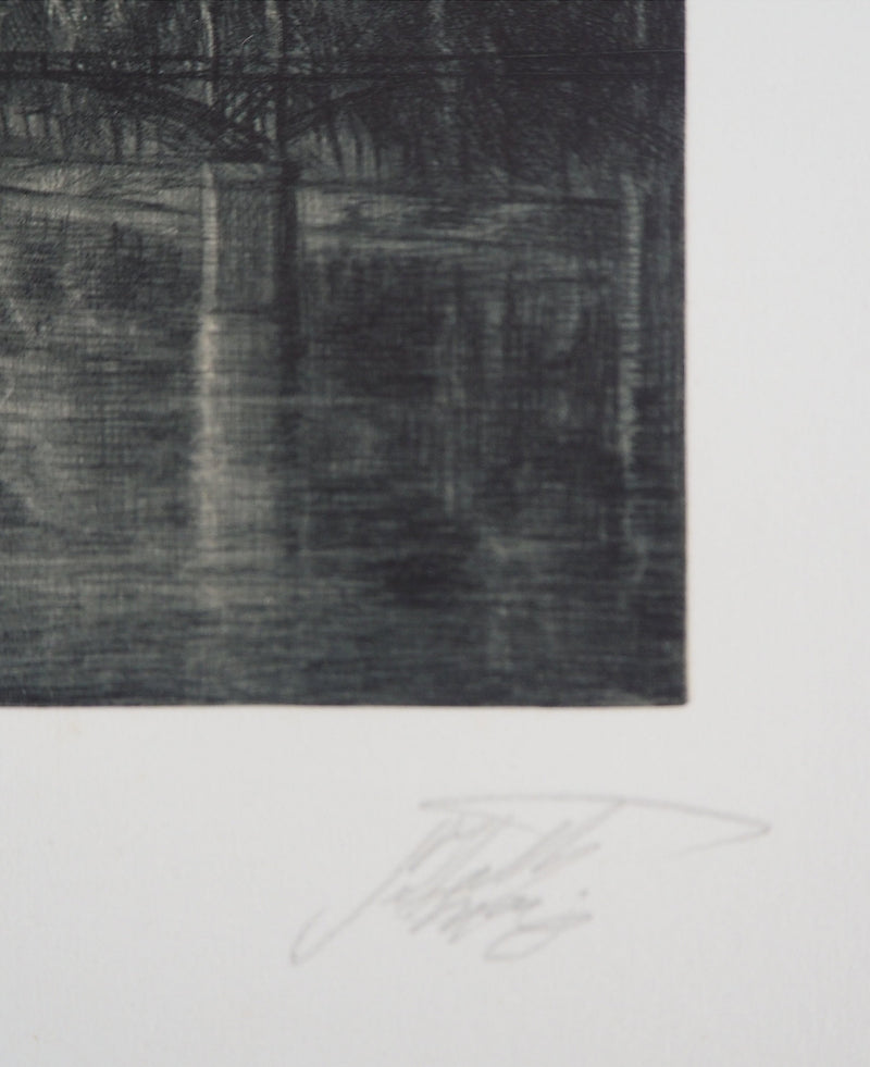 Jean-Michel MATHIEUX-MARIE : Quai du Louvre, Paris - Gravure (détail)