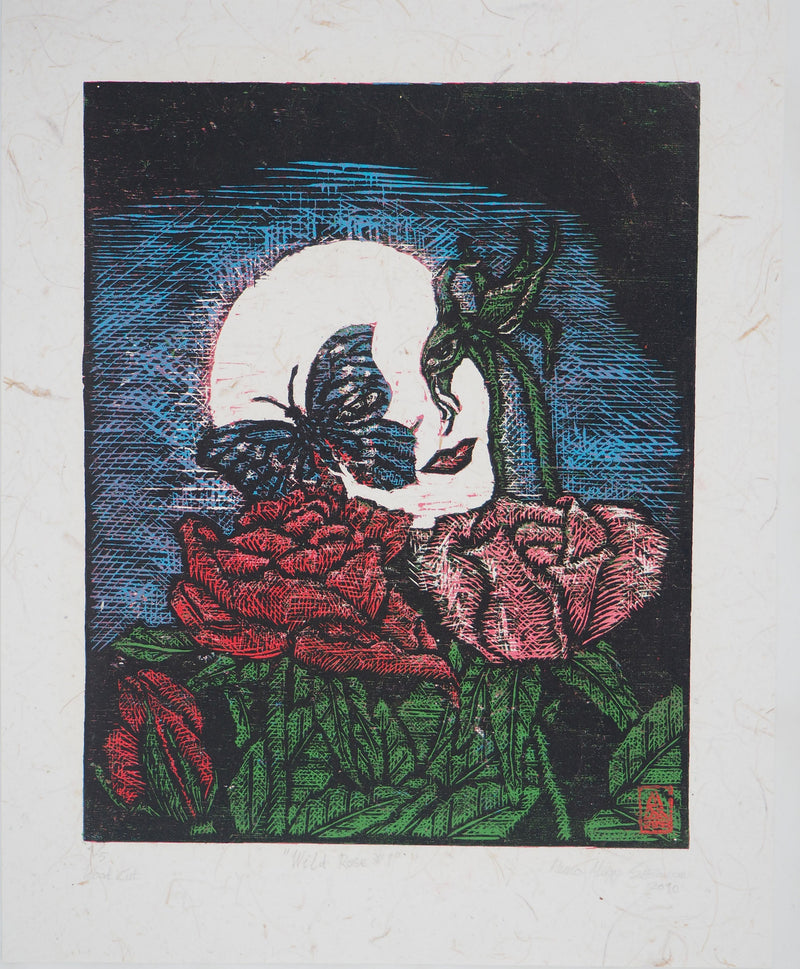 Reno MEGY SETIAWAN : Wild Rose I - Gravure sur bois (détail)