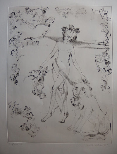 Isabelle MELCHIOR : Lion dompté par le faune de la vigne - Gravure