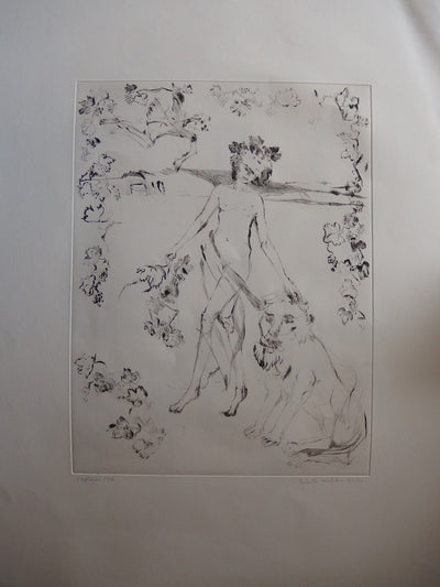 Isabelle MELCHIOR : Lion dompté par le faune de la vigne - Gravure (détail)