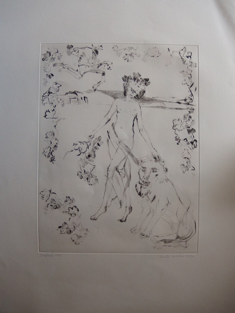 Isabelle MELCHIOR : Lion dompté par le faune de la vigne - Gravure (détail)