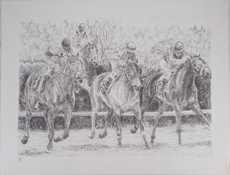Serge MENDJISKY : Course de cheval, les jockeys - Lithographie