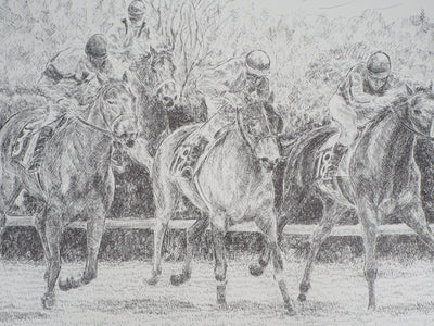 Serge MENDJISKY : Course de cheval, les jockeys - Lithographie (détail)