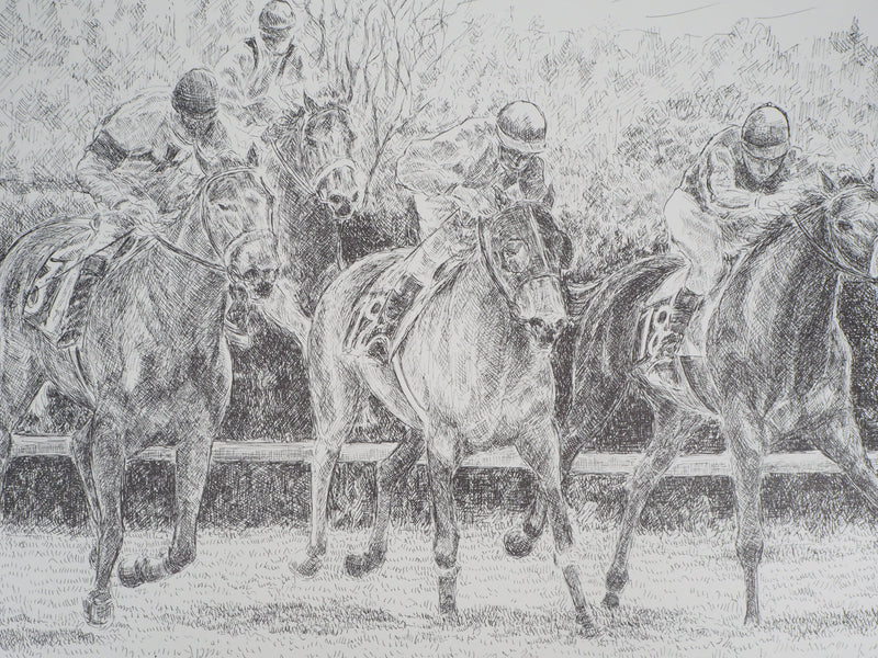 Serge MENDJISKY : Course de cheval, les jockeys - Lithographie (détail)