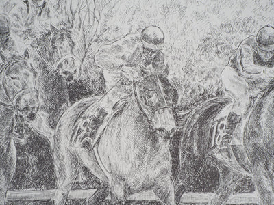 Serge MENDJISKY : Course de cheval, les jockeys - Lithographie (détail)