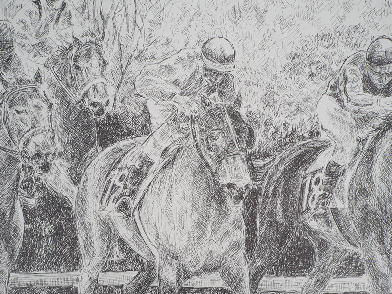 Serge MENDJISKY : Course de cheval, les jockeys - Lithographie (détail)