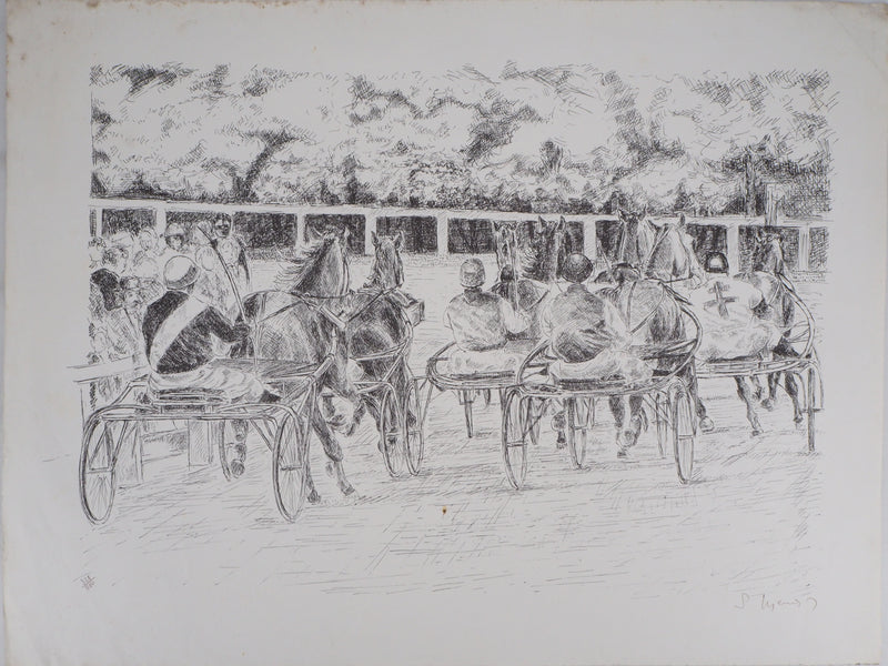 Serge MENDJISKY : Course des chevaux attelés - Lithographie