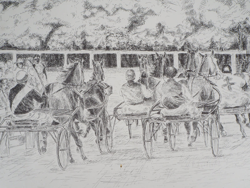 Serge MENDJISKY : Course des chevaux attelés - Lithographie (détail)