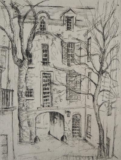 Louis MEZIN : Vieux Paris, Cour d'immeuble, 1975 - Gravure (détail)