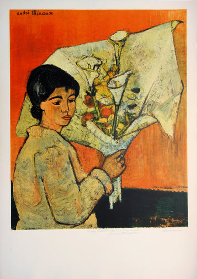 André MINAUX : Femme au bouquet - Lithographie