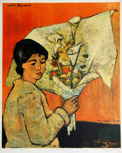 André MINAUX : Femme au bouquet - Lithographie (détail)