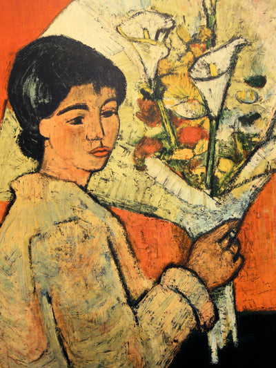 André MINAUX : Femme au bouquet - Lithographie (détail)
