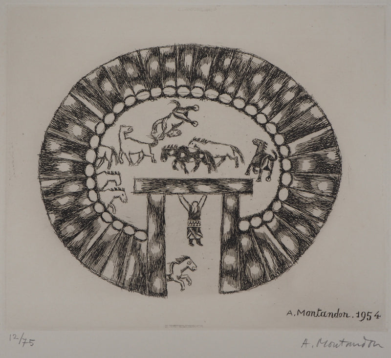Aimé MONTANDON : Cirque et chevaux, 1954 - Gravure