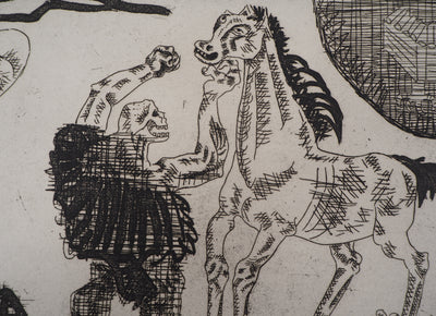Aimé MONTANDON : La mort harnachant son cheval - Gravure (détail)