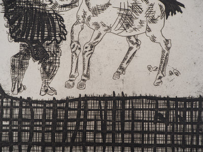 Aimé MONTANDON : La mort harnachant son cheval - Gravure (détail)