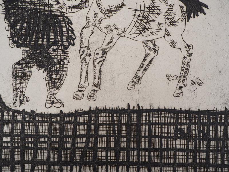 Aimé MONTANDON : La mort harnachant son cheval - Gravure (détail)