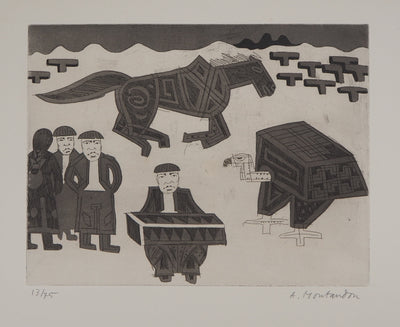 Aimé MONTANDON : Paysage avec un accordéoniste un aigle et un cheval - Gravure (détail)