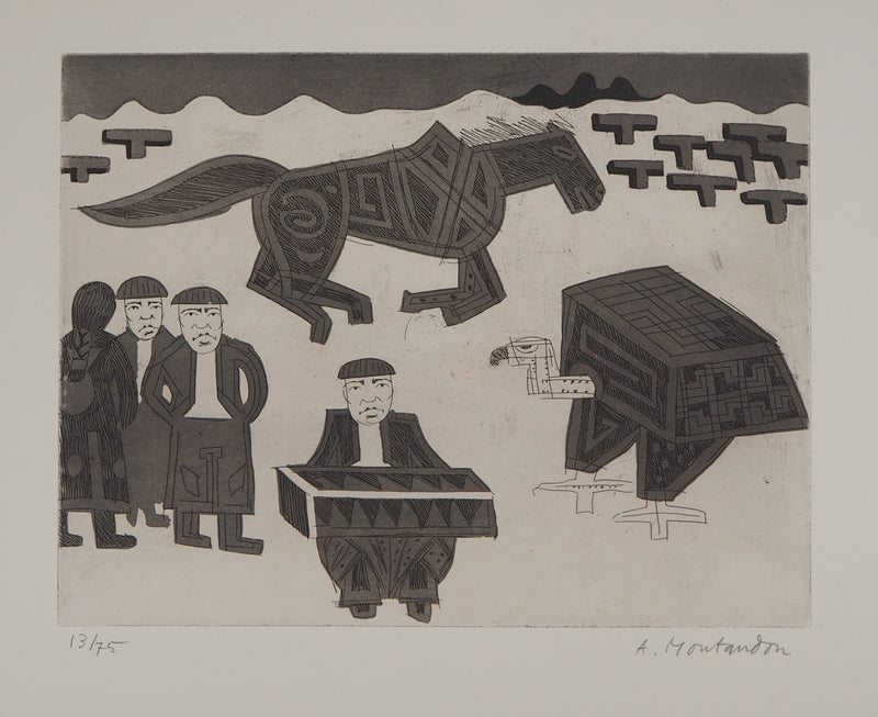 Aimé MONTANDON : Paysage avec un accordéoniste un aigle et un cheval - Gravure (détail)