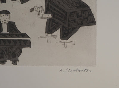 Aimé MONTANDON : Paysage avec un accordéoniste un aigle et un cheval - Gravure (détail)