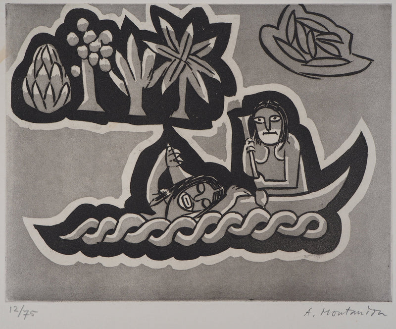 Aimé MONTANDON : La pirogue - Gravure (détail)