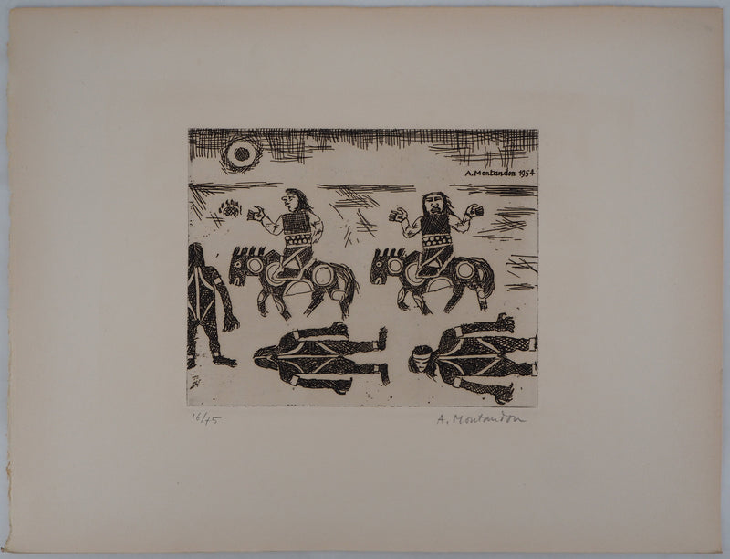 Aimé MONTANDON : La traversée des cavaliers, 1954 - Gravure (détail)