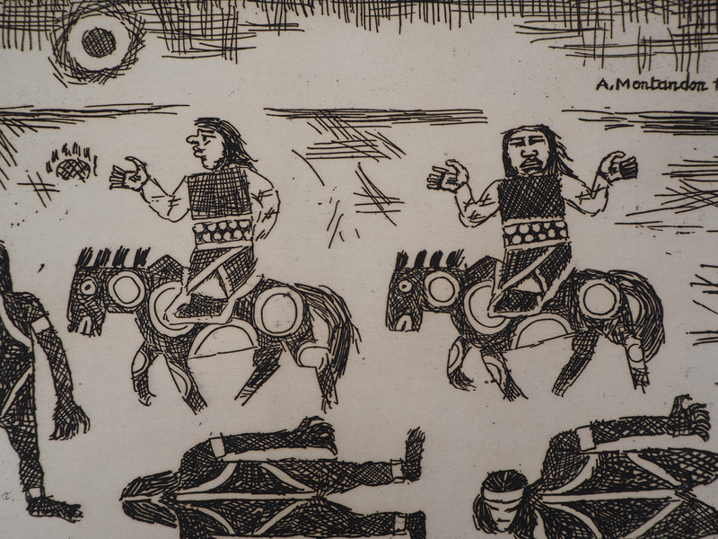 Aimé MONTANDON : La traversée des cavaliers, 1954 - Gravure (détail)