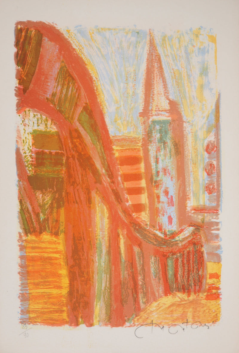 Roger MONTANE : Vue de la ville - Lithographie (détail)