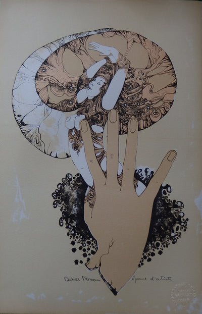 Didier MOREAU : Femme entourée par ses cheveux - Lithographie
