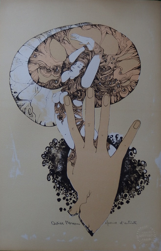 Didier MOREAU : Femme entourée par ses cheveux - Lithographie