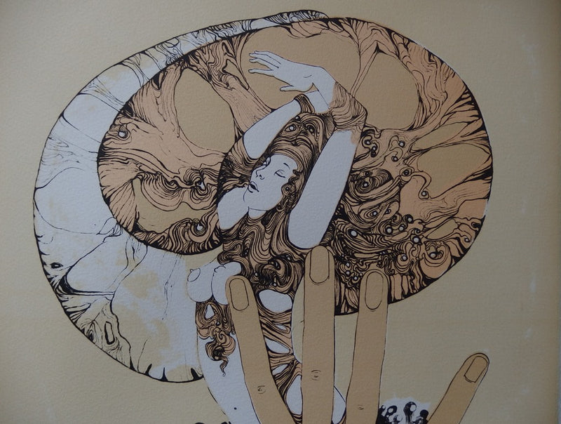 Didier MOREAU : Femme entourée par ses cheveux - Lithographie (détail)