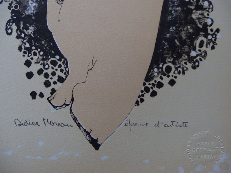 Didier MOREAU : Femme entourée par ses cheveux - Lithographie (détail)