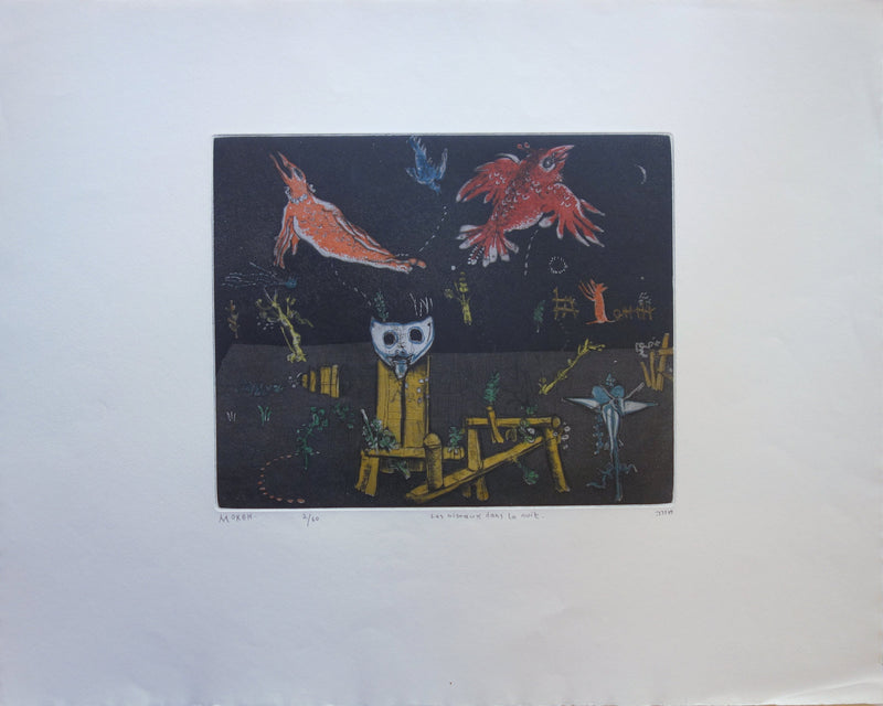 Mordecai MOREH : Les oiseaux dans la nuit - Gravure (détail)