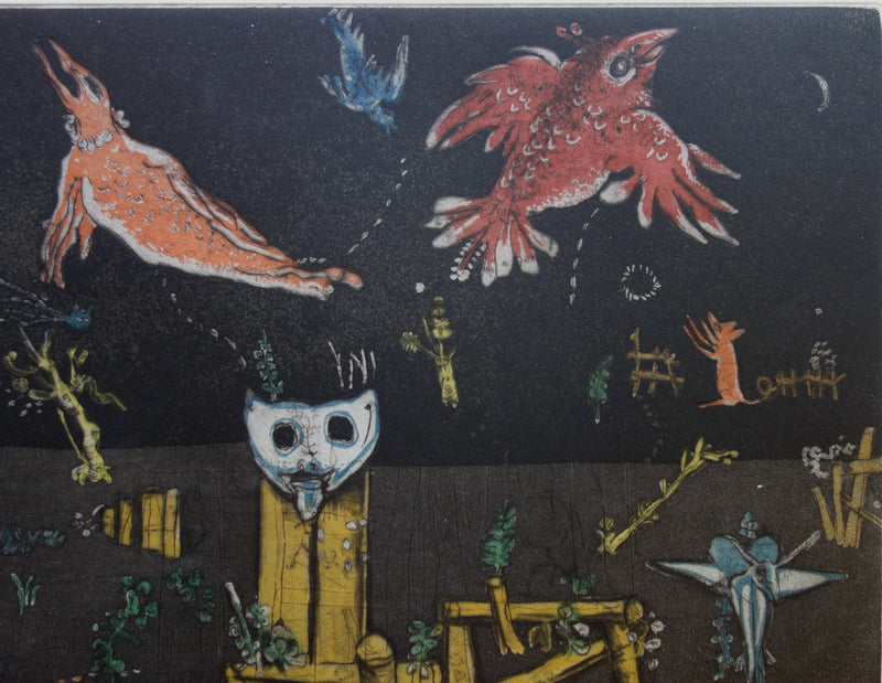 Mordecai MOREH : Les oiseaux dans la nuit - Gravure (détail)