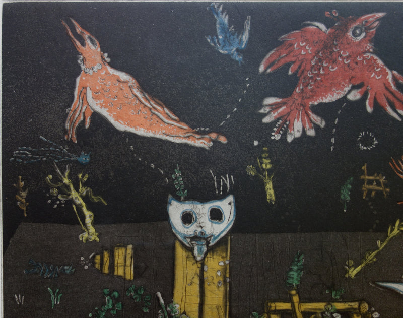 Mordecai MOREH : Les oiseaux dans la nuit - Gravure (détail)
