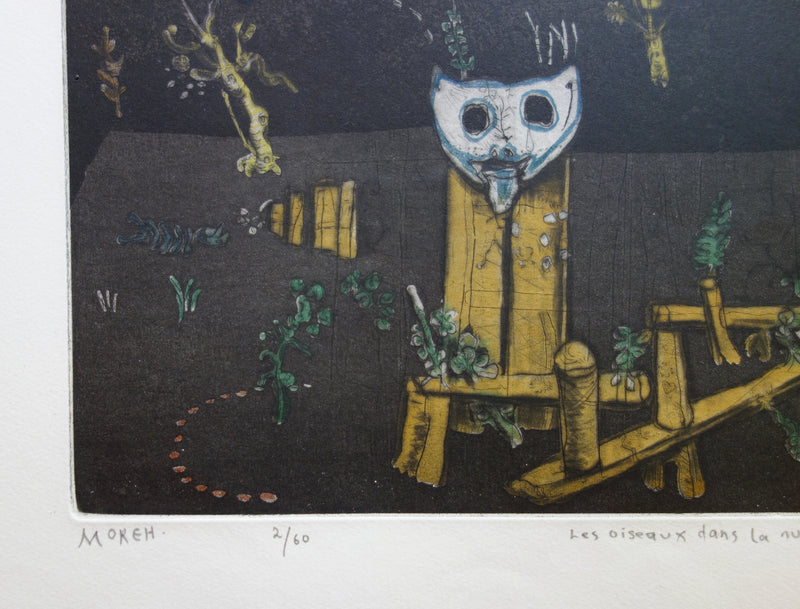 Mordecai MOREH : Les oiseaux dans la nuit - Gravure (détail)
