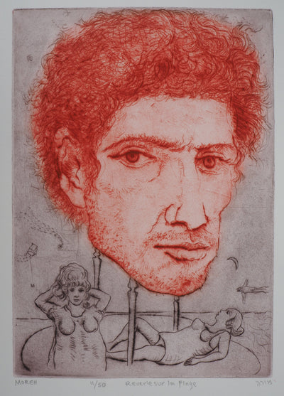 Mordecaï MOREH : Rêverie sur la plage - Gravure (détail)