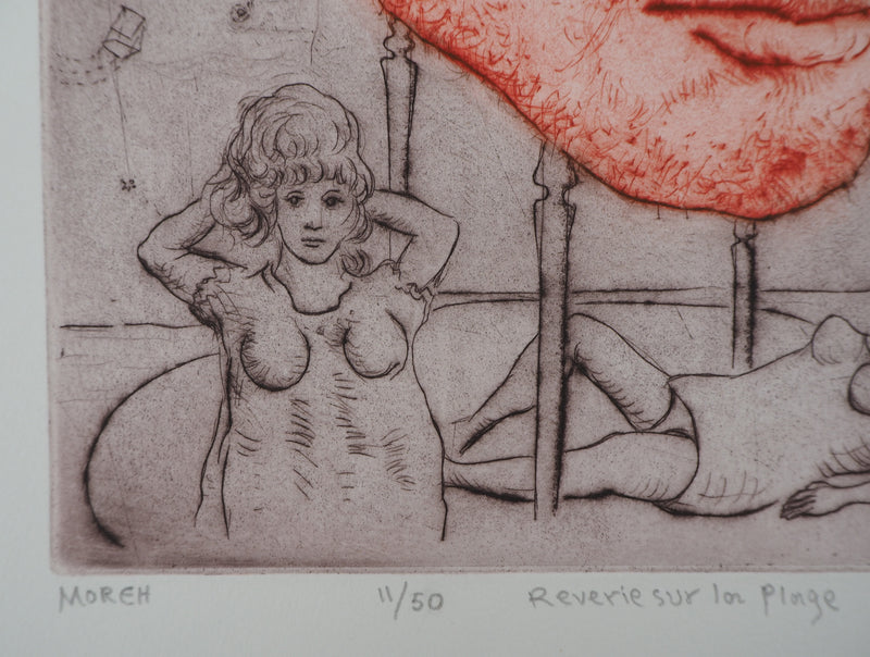 Mordecaï MOREH : Rêverie sur la plage - Gravure (détail)