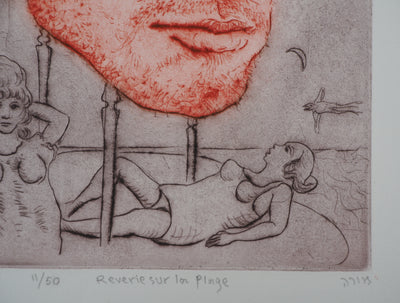 Mordecaï MOREH : Rêverie sur la plage - Gravure (détail)