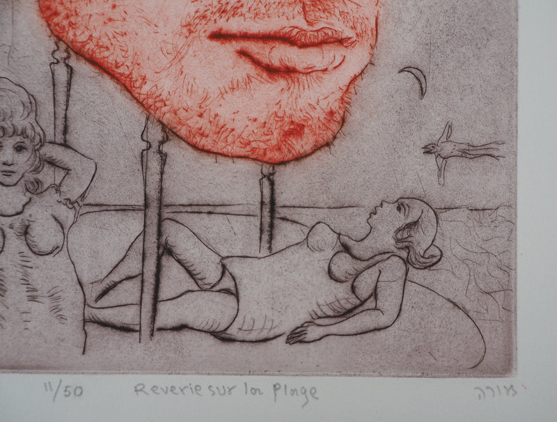 Mordecaï MOREH : Rêverie sur la plage - Gravure (détail)