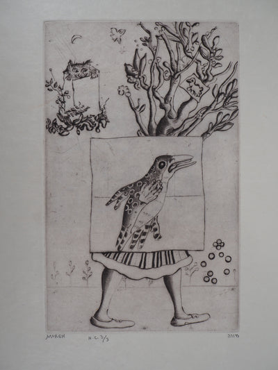 Mordecaï MOREH : Le vol de l'oiseau - Gravure (détail)