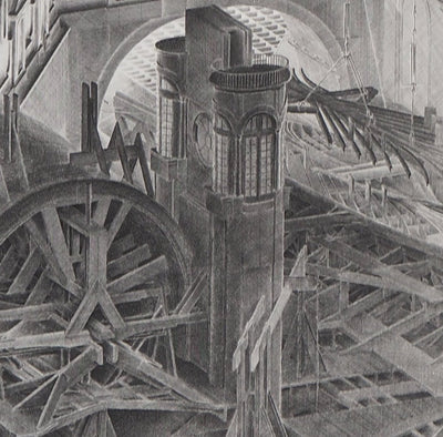 Jacques MURON : Chantier naval fantastique (La Cale) - Gravure (détail)