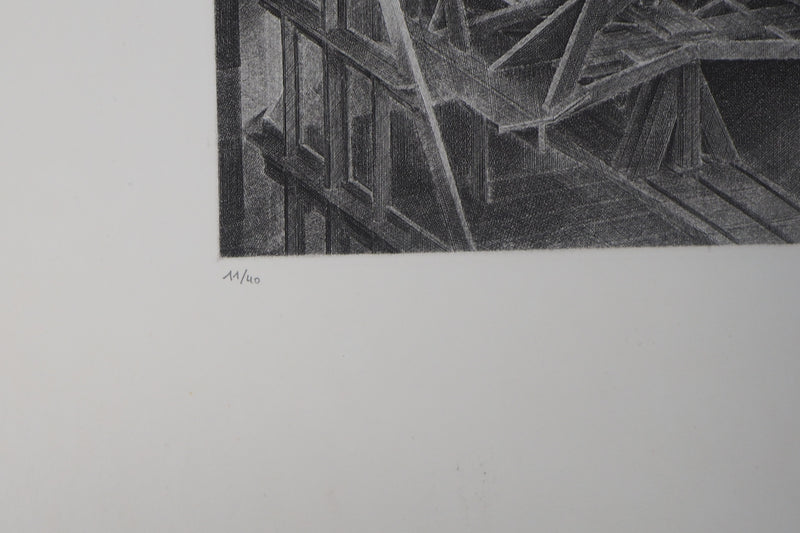 Jacques MURON : Chantier naval fantastique (La Cale) - Gravure (détail)