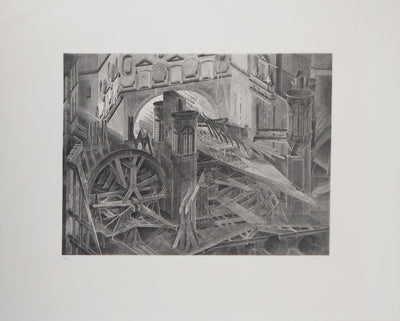 Jacques MURON : Chantier naval fantastique (La Cale) - Gravure (détail)