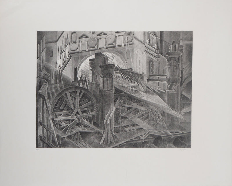 Jacques MURON : Chantier naval fantastique (La Cale) - Gravure (détail)